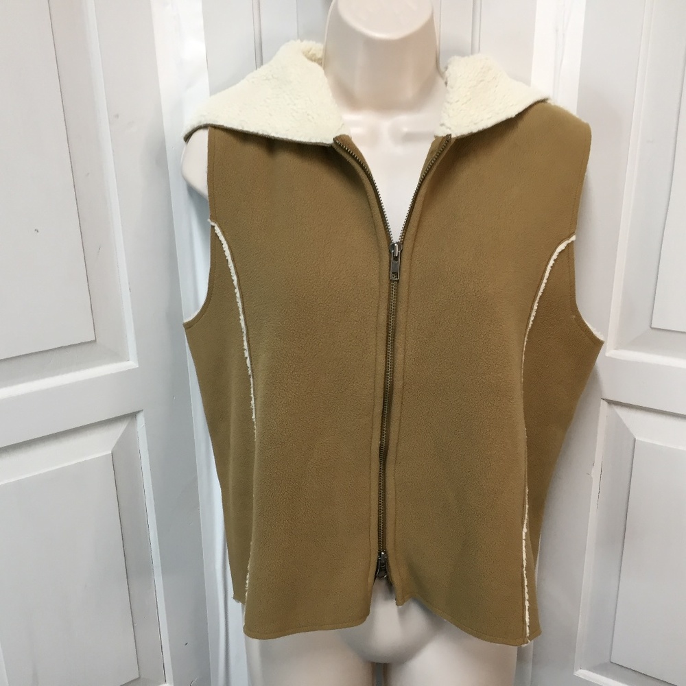 Lauren Ralph Lauren Camel Tan Hooded Fleece Vest with Cream Sherpa Lining